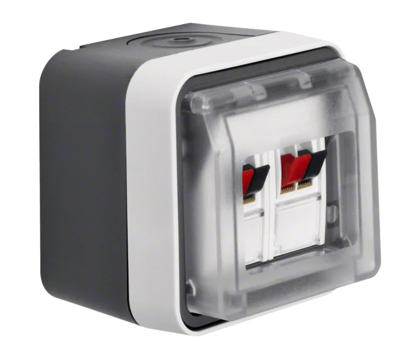 Aufputz Lautsprecherdose STEREO mit 4-Klemmen und Klappe IK05 IP55