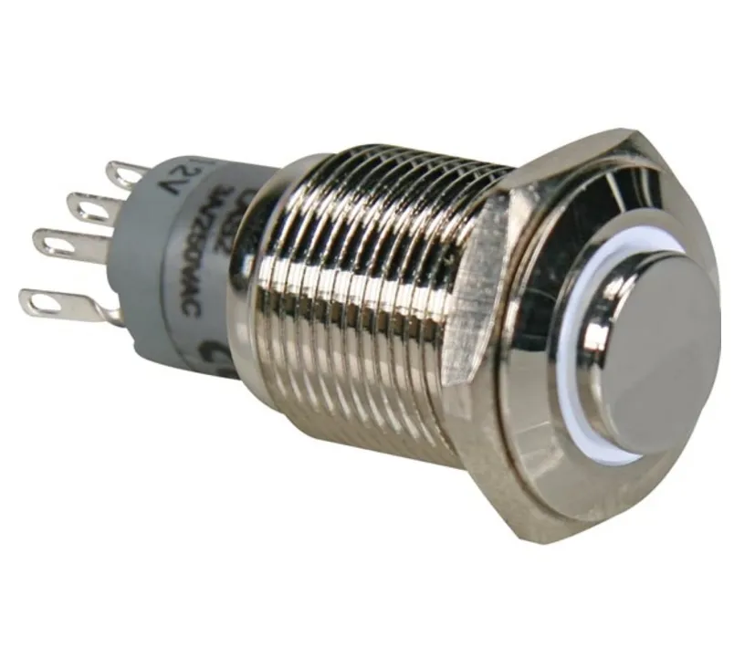 Schalter R710 Vollmetall 18mm mit weißer 12V LED Beleuchtung Kopfdurchmesser 18mm Einbau-DM 16mm IP65