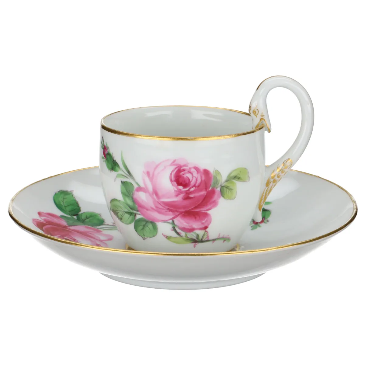 Kaffeetasse mit Untere - Meissen Schwanenhals I.Wahl Rote Rose mit Goldrand