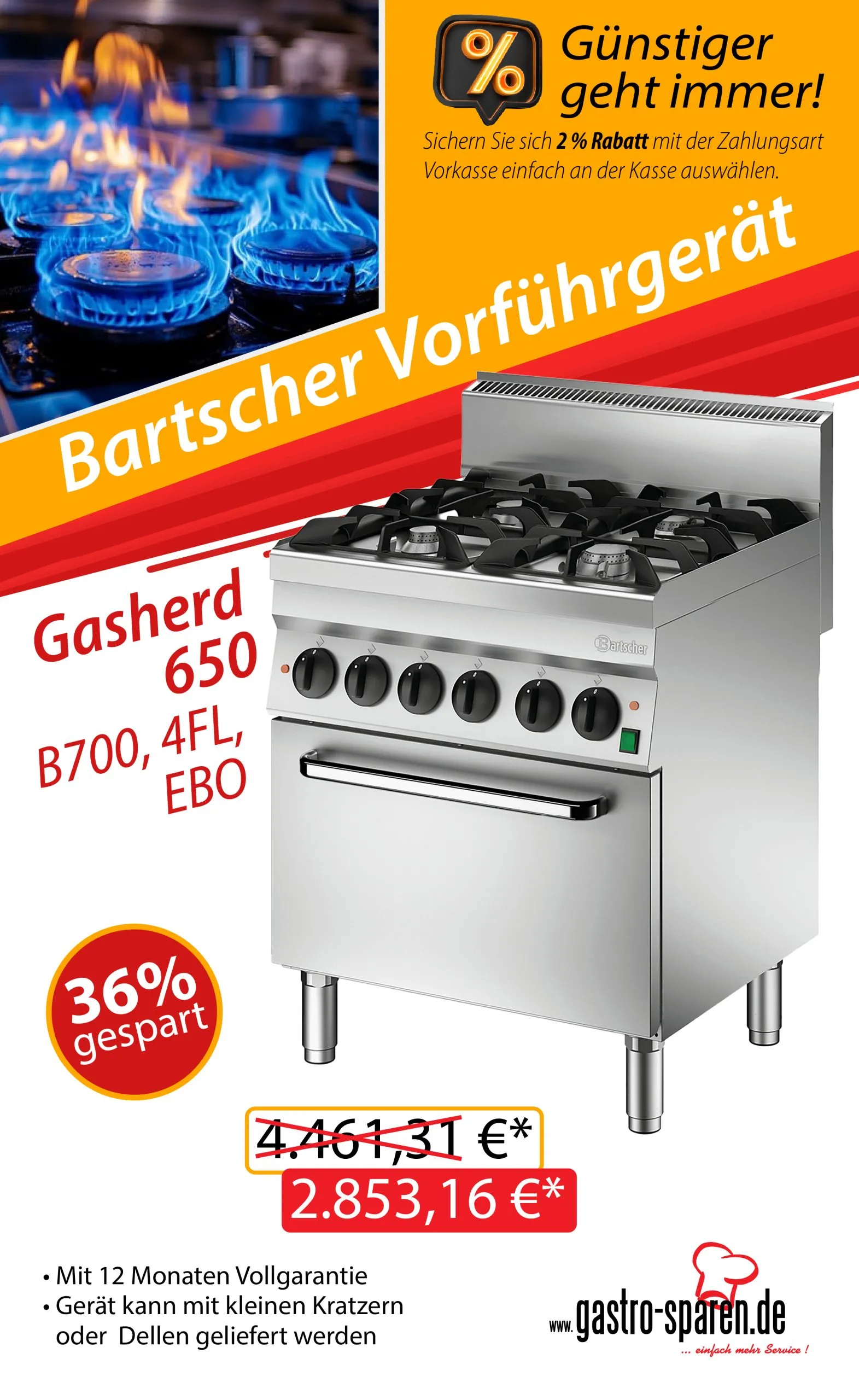 Bartscher Ausstellungsstück Gasherd 650, B700, 4FL, EBO