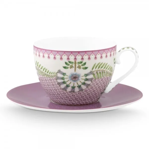 Pip Studio Cappuccinotasse mit Untertasse Lily & Lotus Tiles Lila (280ml) (2-teilig)