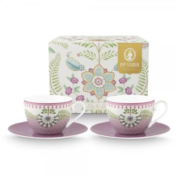 Pip Studio Cappuccinotasse mit Untertasse Set Lily & Lotus Tiles Lila (280ml) (4-teilig)