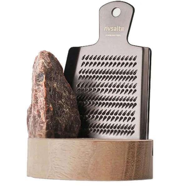 RIVSALT Gewürzreibe auf Walnussholzständer mit Kala Namak Salzstein