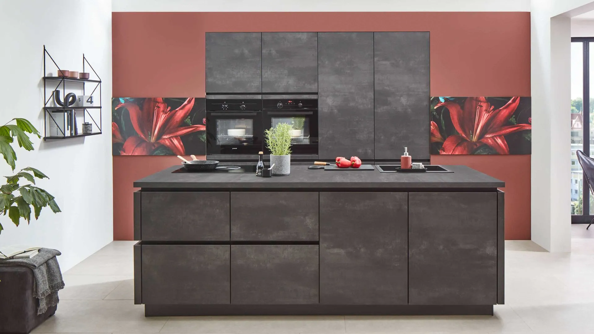 nobilia® Einbauküche Laser mit zwei Backöfen, Schwarzbeton - zweizeilig