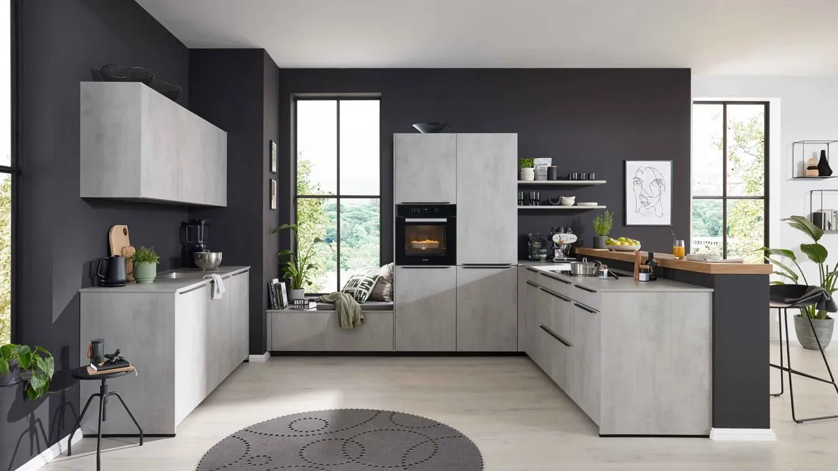 WERT KÜCHE® Ella mit Miele Einbaugeräten, quarzgrauer Beton - zweizeilig