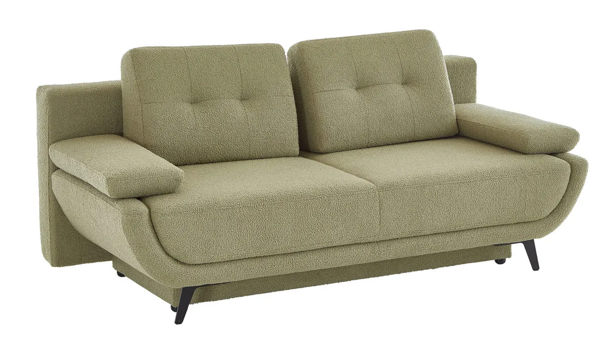 Schlafsofa Xally, olivfarbener Chenillebezug 1-6419 & schwarze Metallfüße