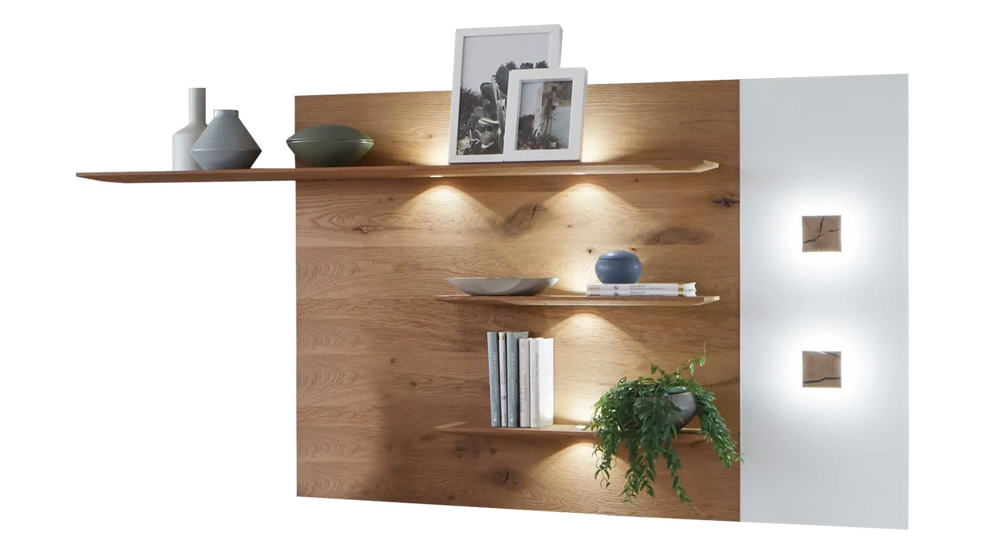 hartmann Serie Caya - Wandregal, weißes Mattglas & Kerneiche – drei Böden