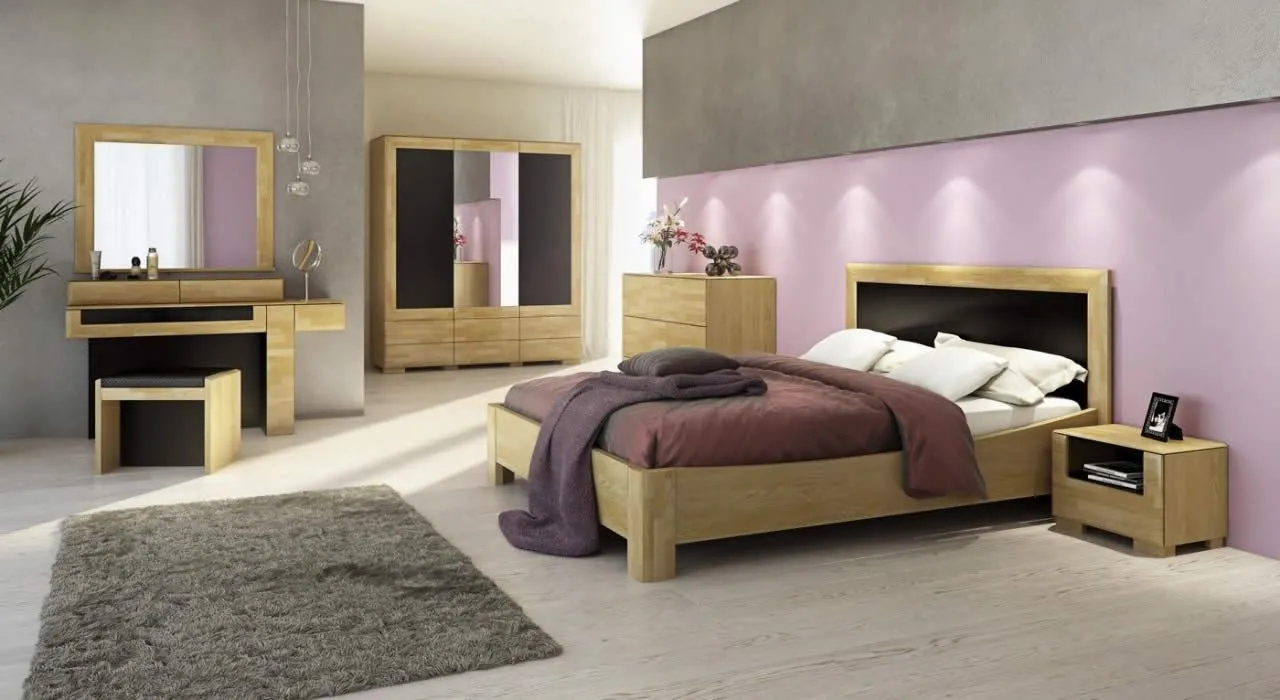 Schlafzimmer Komplett - Set D Lipik, 9-teilig, teilmassiv, Farbe: Eiche / Schwarz