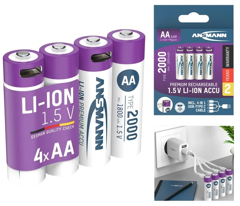 Lithiumakku 1,5Volt Mignon AA  je 2000mAh inkl USB-C Ladekabel - 4er-Pack --