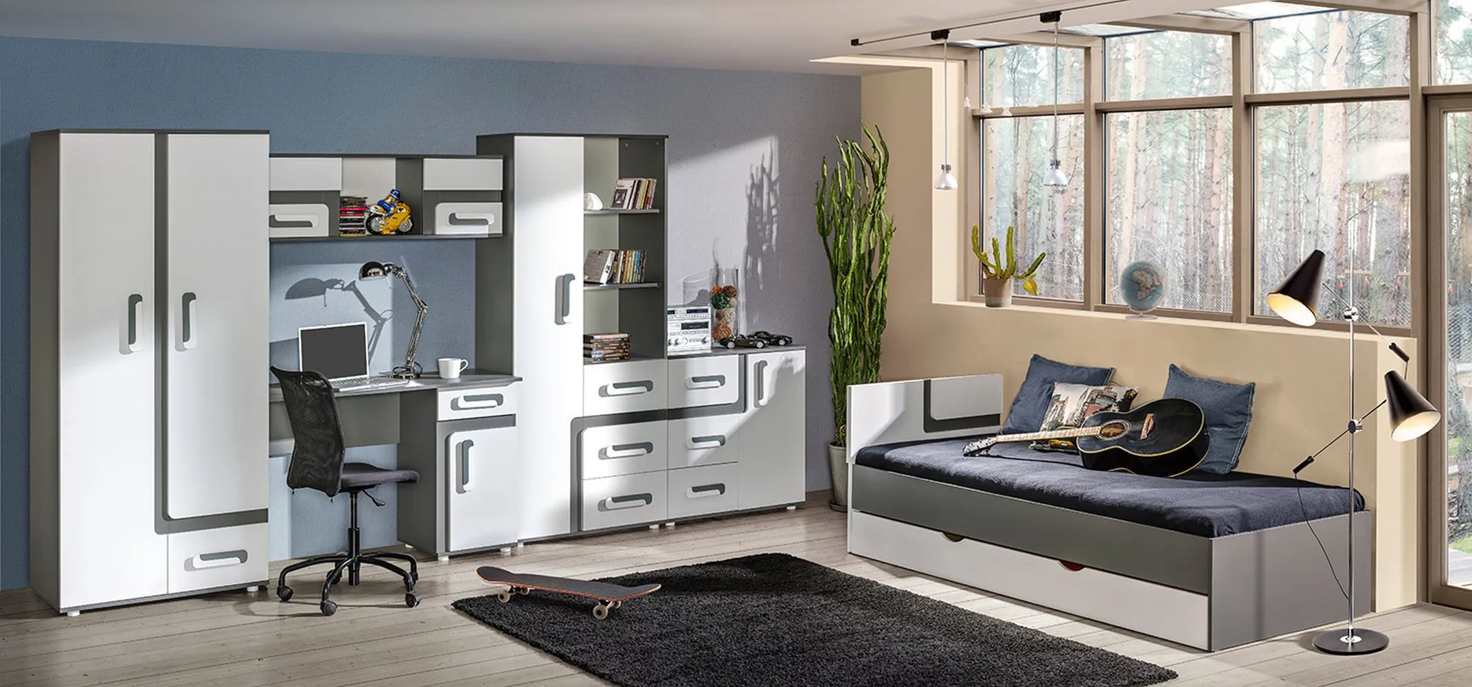 Jugendzimmer Kinderzimmer Komplett - Set D Oskar, 7-teilig, Farbe: Anthrazit / Weiß