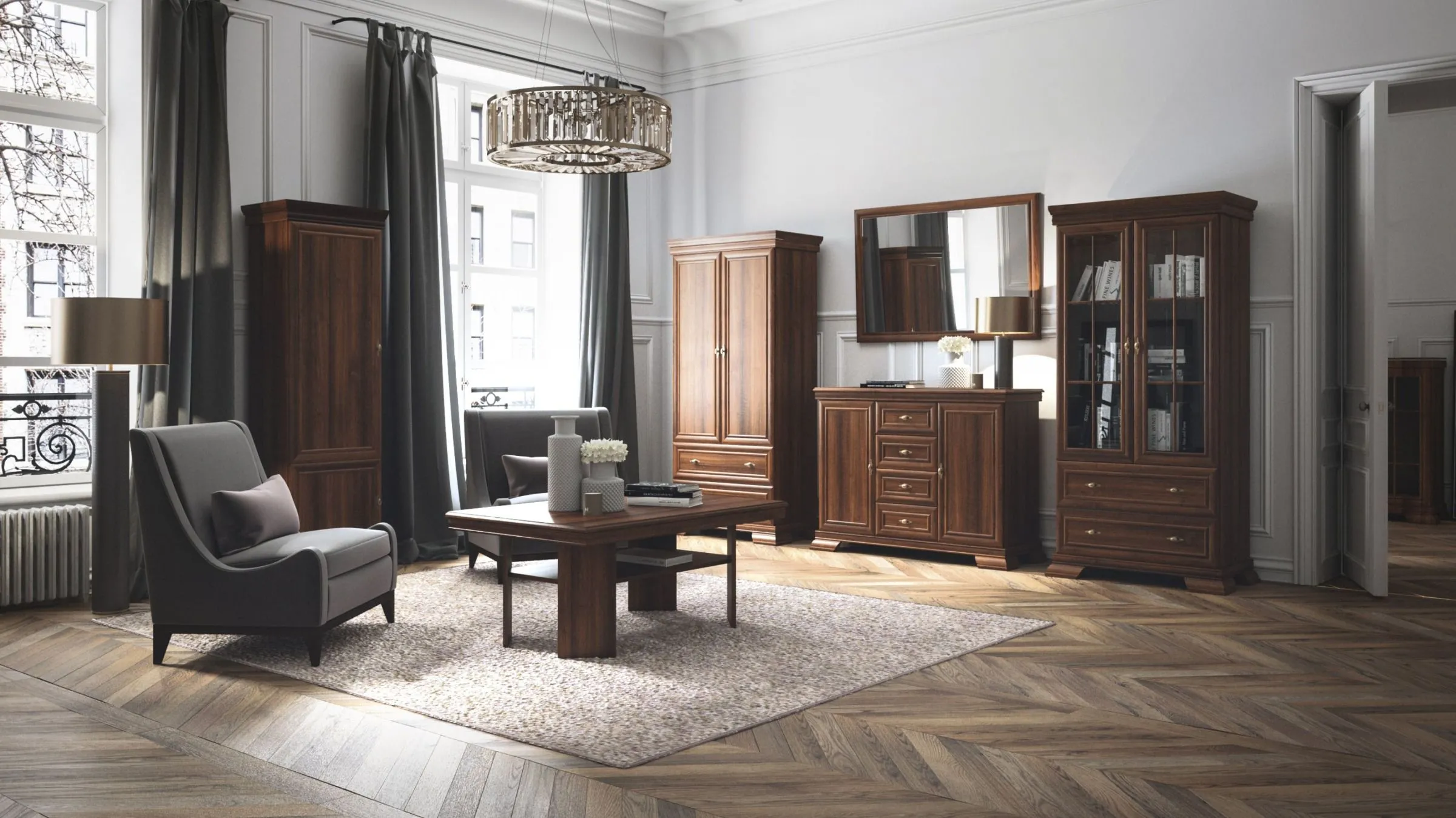 Wohnzimmer Komplett - Set E Sentis, 6-teilig, Farbe: Dunkelbraun