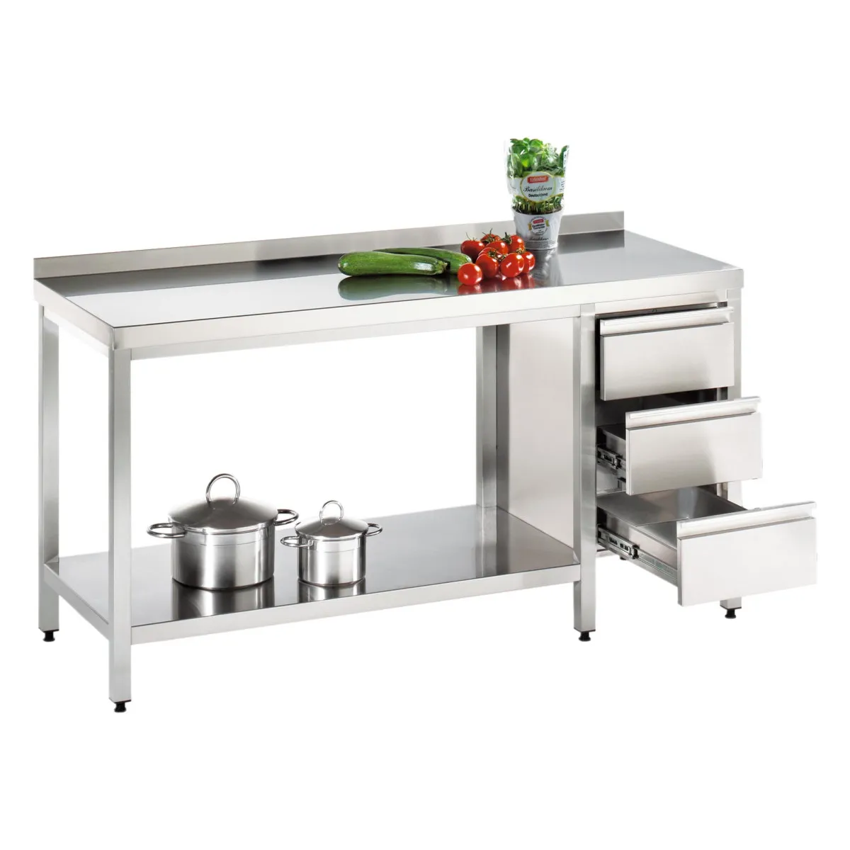 Arbeitstisch mit Grundboden und Schubladenblock rechts, mit Aufkantung - 2000 mm x 1400 mm x 850 mm