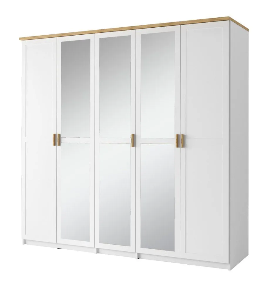 Drehtürenschrank / Kleiderschrank Dodoni 02, Farbe: Weiß / Eiche - Abmessungen: 216 x 226 x 59 cm (H x B x T)