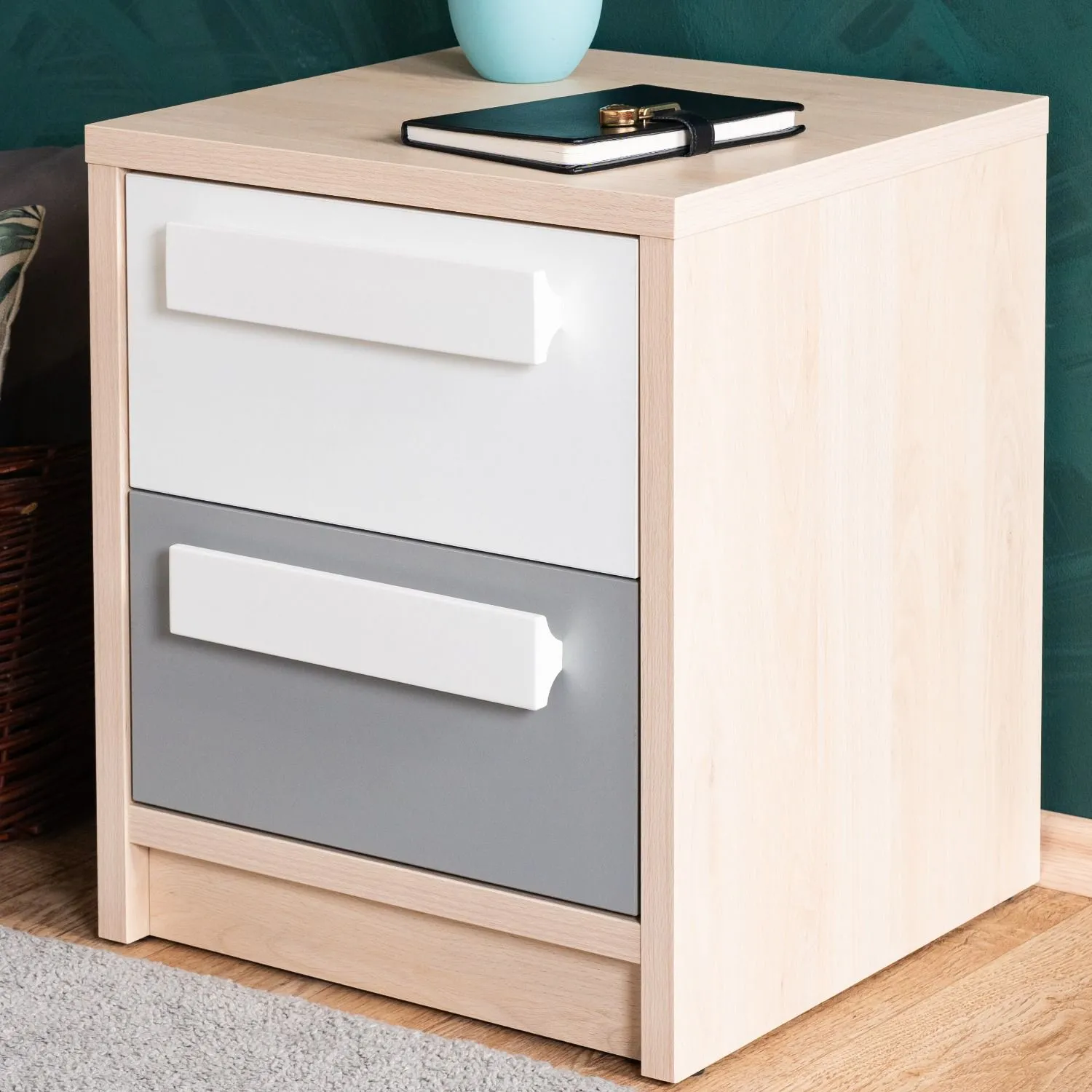 Jugendzimmer - Nachtkästchen Greeley 13, Farbe: Buche / Weiß / Platingrau - Abmessungen: 48 x 40 x 40 cm (H x B x T), mit 2 Schubladen