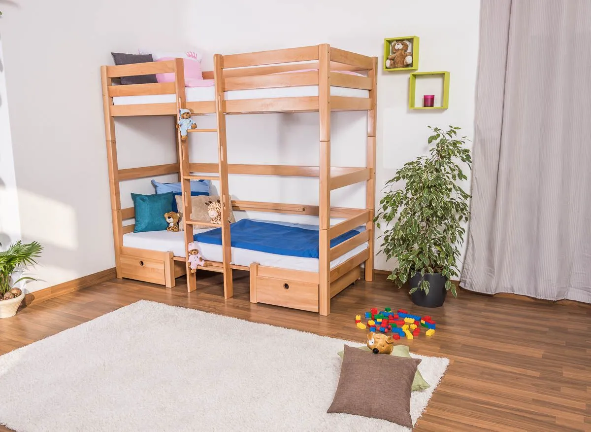 Funktionsbett mit Bettkasten Tim (umbaubar zu einem Tisch mit Bänken oder zu 2 Einzelbetten) Buche massiv natur inkl. Rollrost - 90 x 200 cm