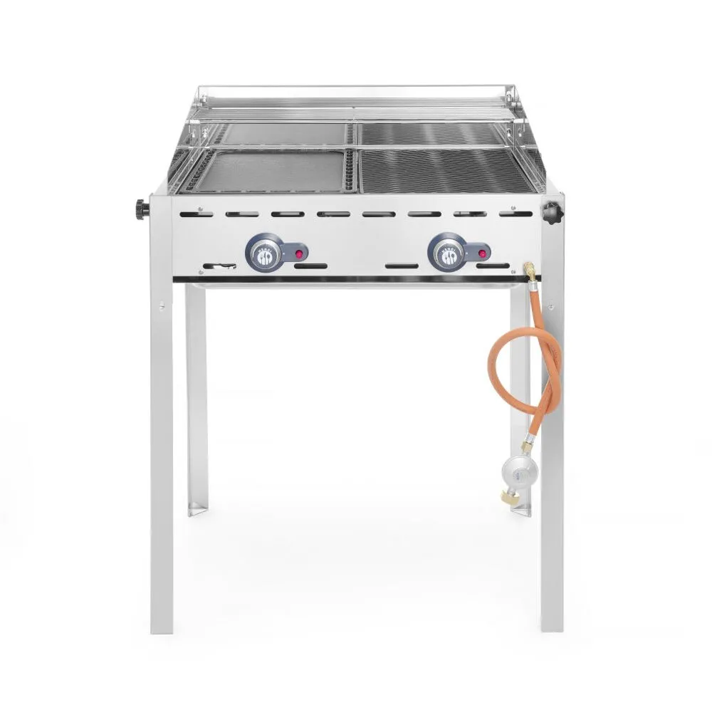 HENDI Grillsystem Green Fire 2 Brenner, Profi Line, Emaillierte Grillplatte und Grillrost aus Gusseisen GN 1/1, 11,6kW, 740x615x(H)825mm