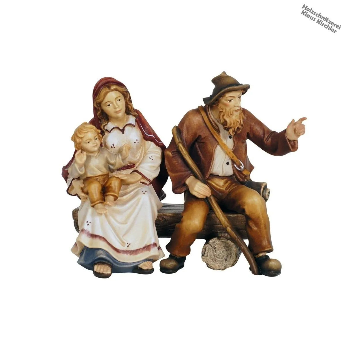 Hirtin mit Kind und Hirte auf Bank