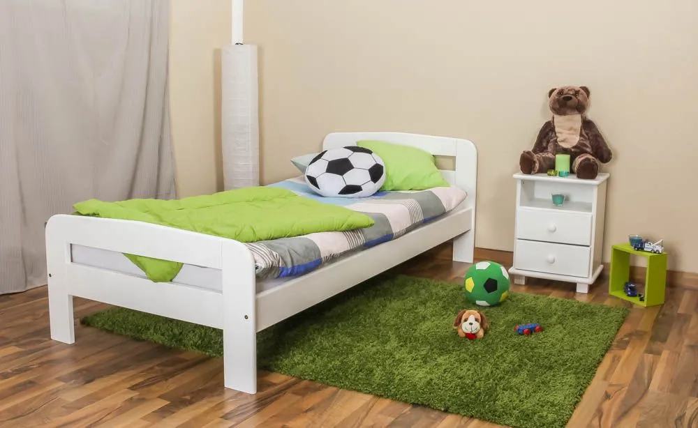 Kinderbett / Jugendbett Kiefer Vollholz massiv weiß lackiert A6, inkl. Lattenrost - Abmessung 90 x 200 cm