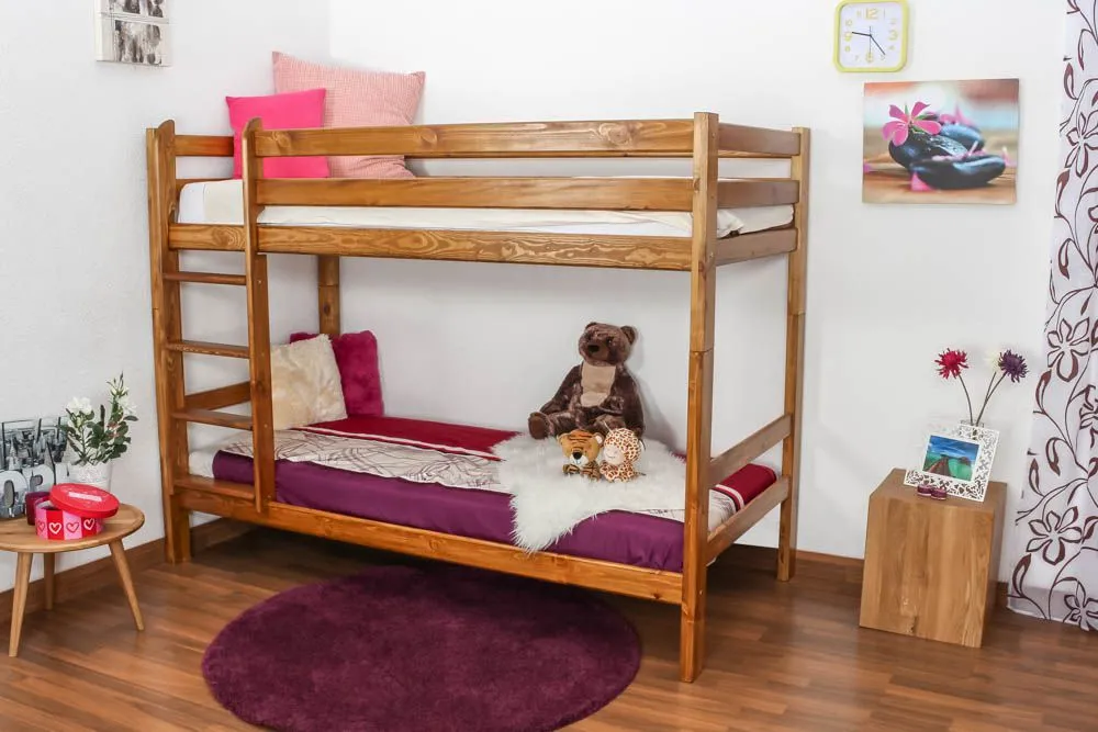 Etagenbett / Kinderbett Kiefer Vollholz massiv Eichefarben A16, inkl. Lattenroste - Abmessung 90 x 200 cm, teilbar