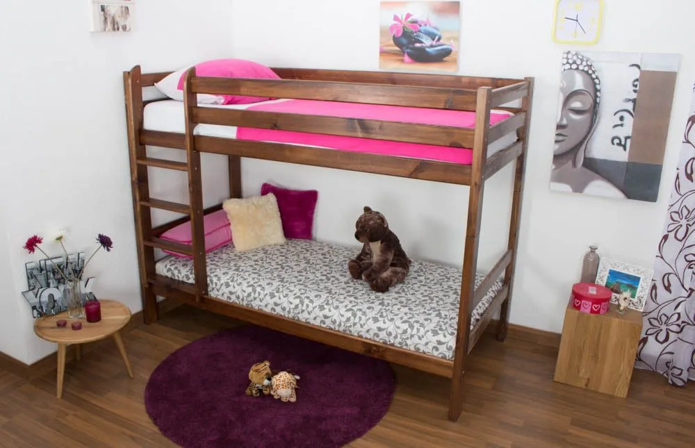 Etagenbett / Kinderbett Kiefer Vollholz massiv Nussfarben A16, inkl. Lattenroste - Abmessung 90 x 200 cm, teilbar