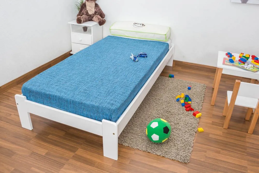 Kinderbett / Jugendbett Kiefer Vollholz massiv weiß lackiert A10, inkl. Lattenrost - Abmessung 90 x 200 cm