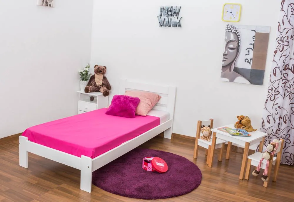 Einzelbett / Gästebett Kiefer Vollholz massiv weiß lackiert A27, inkl. Lattenrost - Abmessung 90 x 200 cm