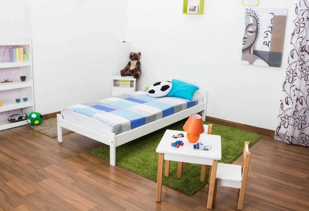 Kinderbett / Jugendbett Kiefer Vollholz massiv weiß A14, inkl. Lattenrost - Abmessung 90 x 200 cm
