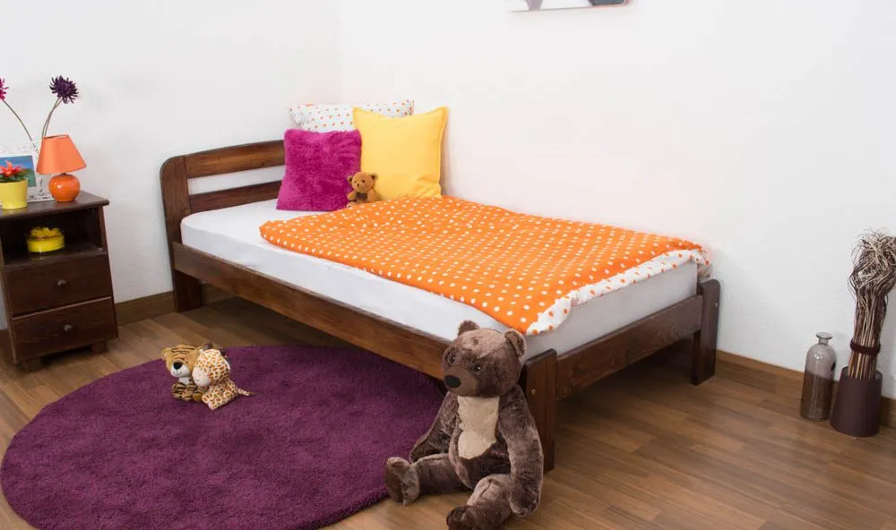 Kinderbett / Jugendbett Kiefer Vollholz massiv Nussfarben A5, inkl. Lattenrost - Abmessung 90 x 200 cm