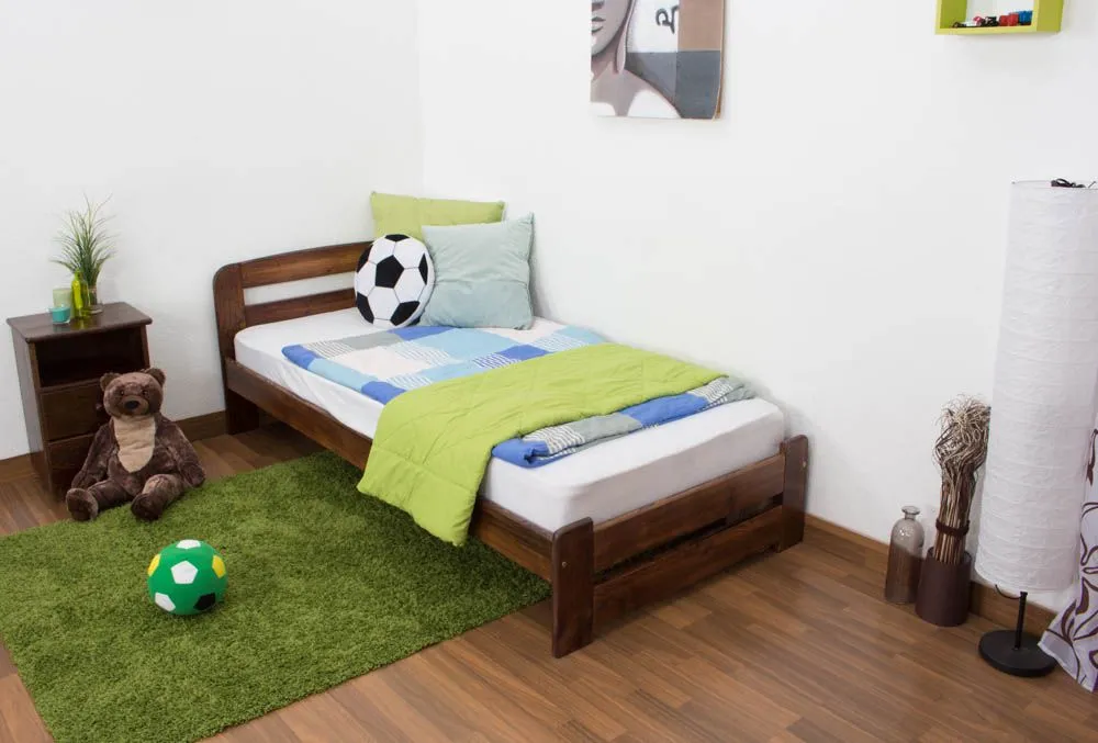 Kinderbett / Jugendbett Kiefer Vollholz massiv Nussfarben A7, inkl. Lattenrost - Abmessungen: 90 x 200 cm