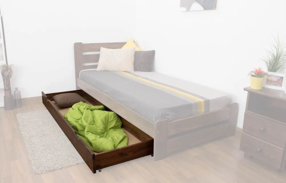 Schublade für Bett - Kiefer Vollholz massiv Nussfarben 003- Abmessung 18,50 x 198 x 54 cm (H x B x T)