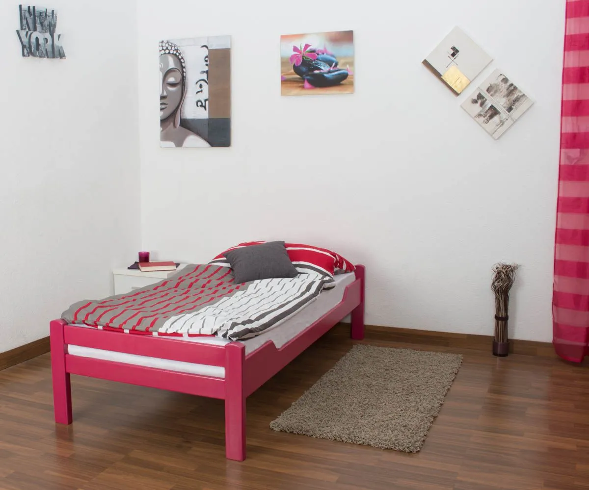 Niedriges Bett für Kinderzimmer / Jugendzimmer "Easy Premium Line" K1/1n, massives Buchenholz, Rosa lackiert, Liegefläche 90 x 200 cm