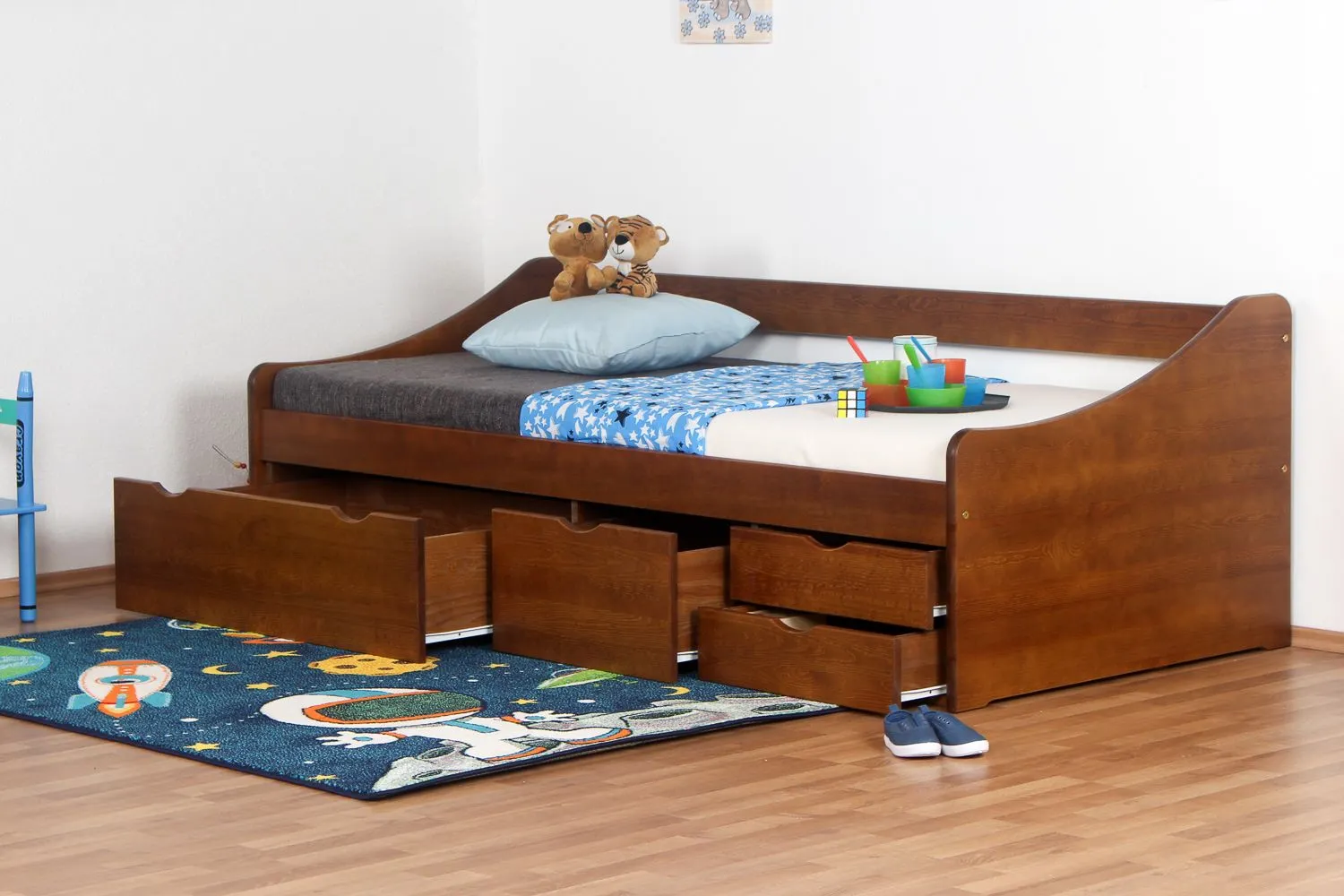 Jugendbett / Funktionsbett Kiefer massiv Vollholz Eichefarben Rustikal 94, inkl. Lattenrost - 90 x 200 cm (B x L)