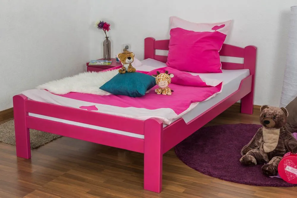 Einzelbett/ Gästebett "Easy Premium Line" K4, 120 x 200 cm Buche Vollholz massiv rosa lackiert