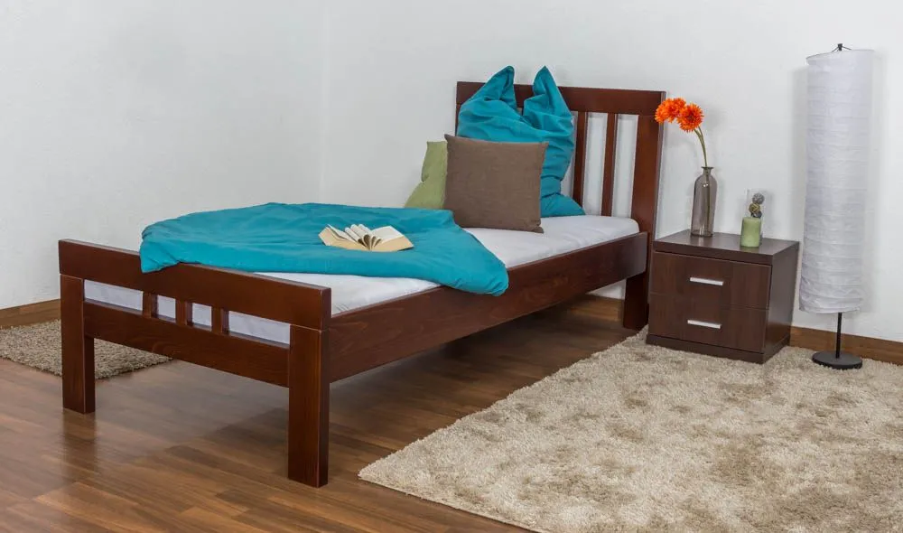 Einzelbett "Easy Premium Line" K8, Buche Vollholz massiv dunkelbraun lackiert - Liegefläche: 90 x 190 cm