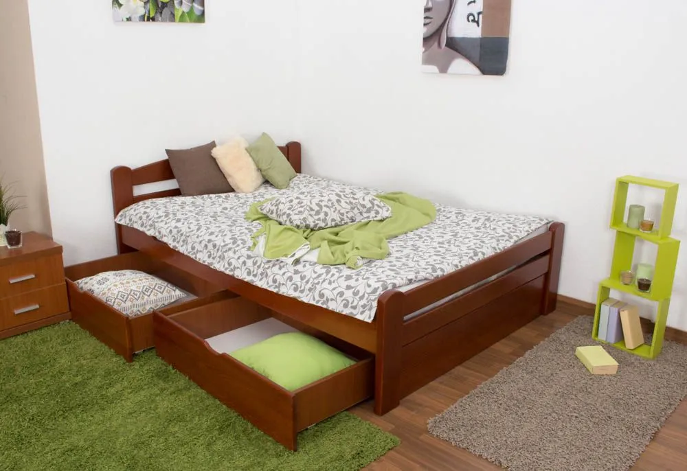 Einzelbett/ Funktionsbett "Easy Premium Line" K4, inkl. 2 Schubladen und 1 Abdeckblende, 140 x 200 cm Buche Vollholz massiv kirschrot lackiert