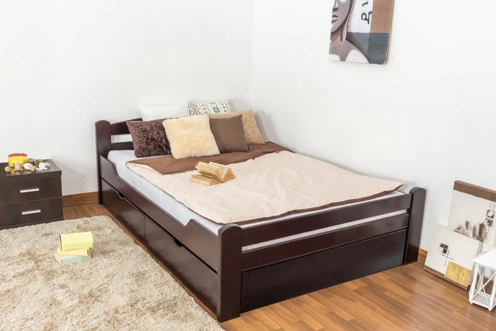 Einzelbett/ Funktionsbett "Easy Premium Line" K4, inkl. 2 Schubladen und 1 Abdeckblende, 140 x 200 cm Buche Vollholz massiv schokobraun lackiert