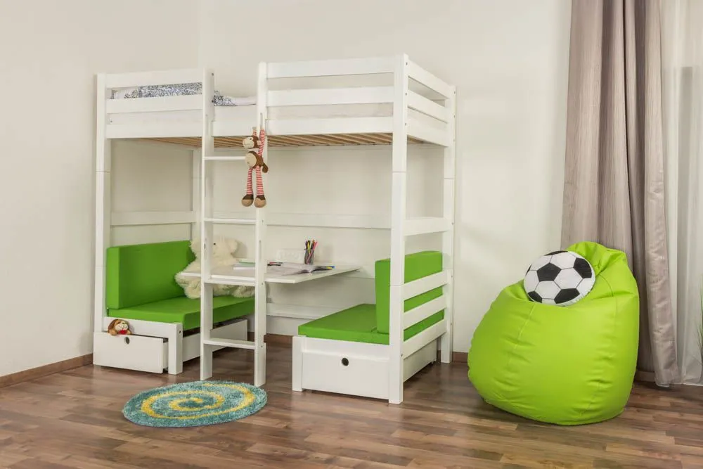 Hochbett mit Bettkasten Tim (umbaubar zu einem Tisch mit Bänken oder zu 2 Einzelbetten) Buche massiv weiß lackiert, inkl. Rollrost - 90 x 200 cm