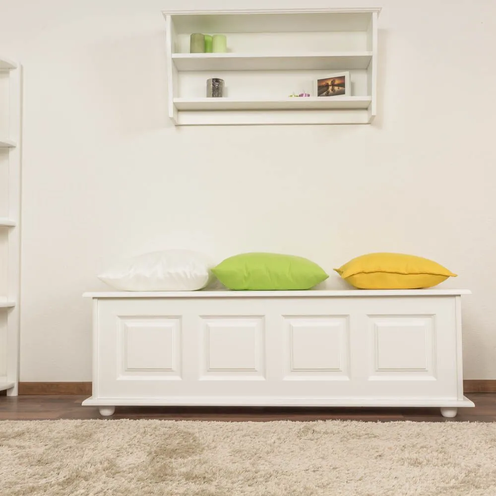 Sitzbank mit Stauraum Kiefer massiv Vollholz weiß lackiert 179 – 50 x 154 x 46 cm (H x B x T)