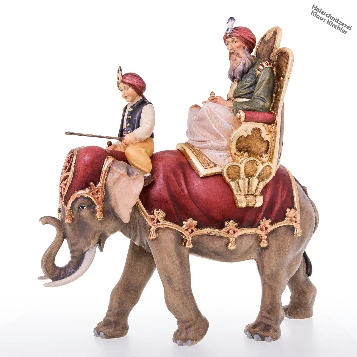 Koenig reitend mit Elefant und Treiber