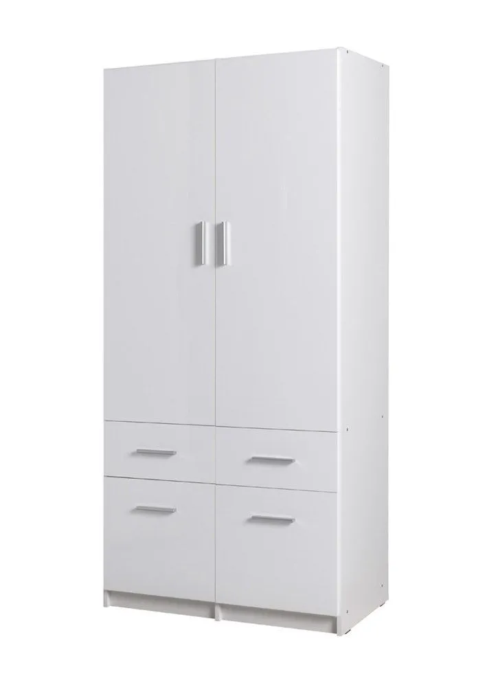 Drehtürenschrank / Kleiderschrank Messini 03, Farbe: Weiß / Weiß Hochglanz - Abmessungen: 198 x 92 x 54 cm (H x B x T)