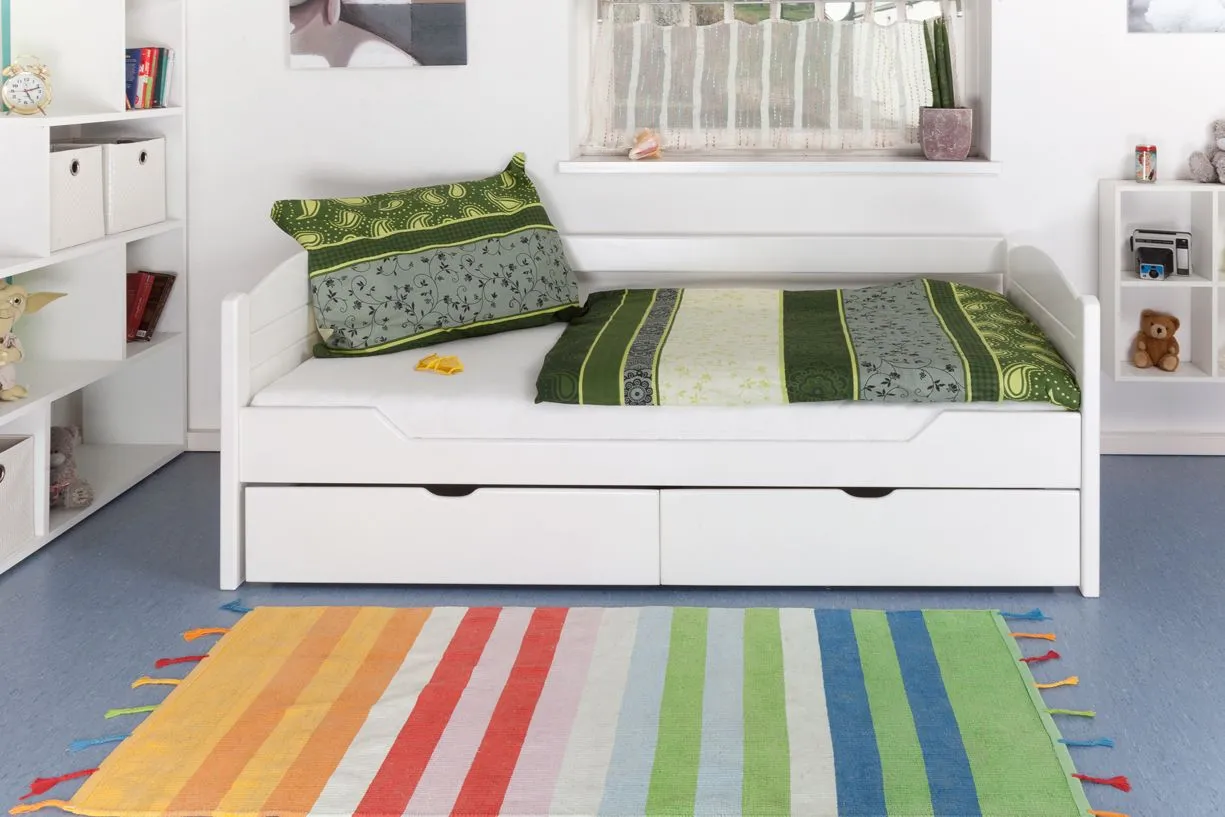 Einzelbett / Stauraumbett "Easy Premium Line" K1/s Voll inkl 2 Schubladen und 2 Abdeckblenden, 90 x 200 cm Buche Vollholz weiß lackiert
