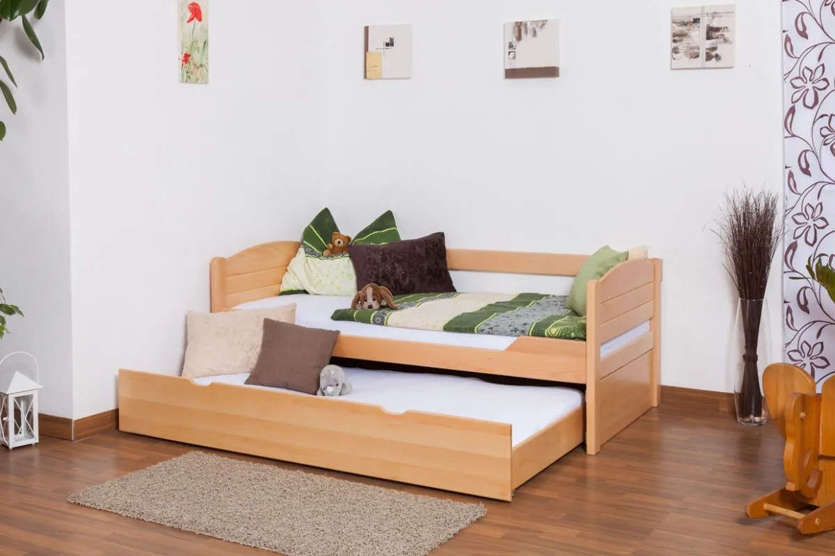 Einzelbett / Stauraumbett "Easy Premium Line" K1/s Voll inkl. 2. Liegeplatz und 2 Abdeckblenden, 90 x 200 cm Buche Vollholz massiv Natur