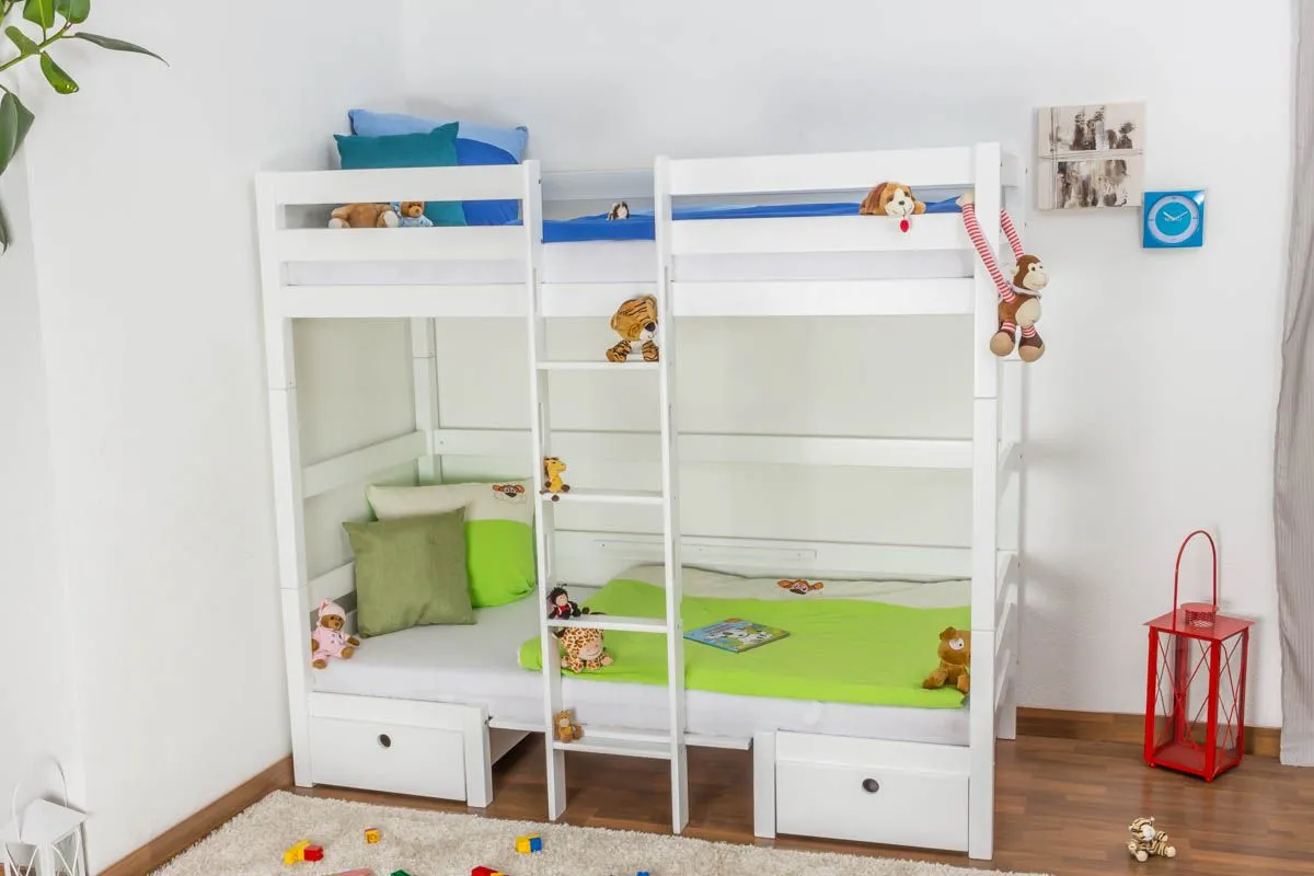Funktionsbett mit Bettkasten Tim (umbaubar zu einem Tisch mit Bänken oder zu 2 Einzelbetten) Buche massiv weiß lackiert, inkl. Rollrost - 90 x 200 cm