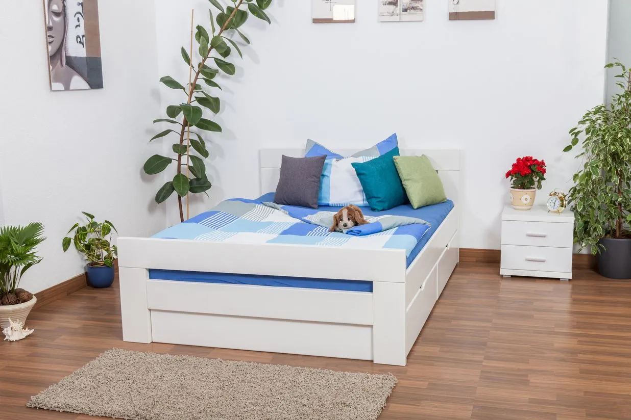 Einzelbett / Stauraumbett "Easy Premium Line" K6 inkl. 2 Schubladen und 1 Abdeckblende 140 x 200 cm Buche Vollholz massiv weiß lackiert