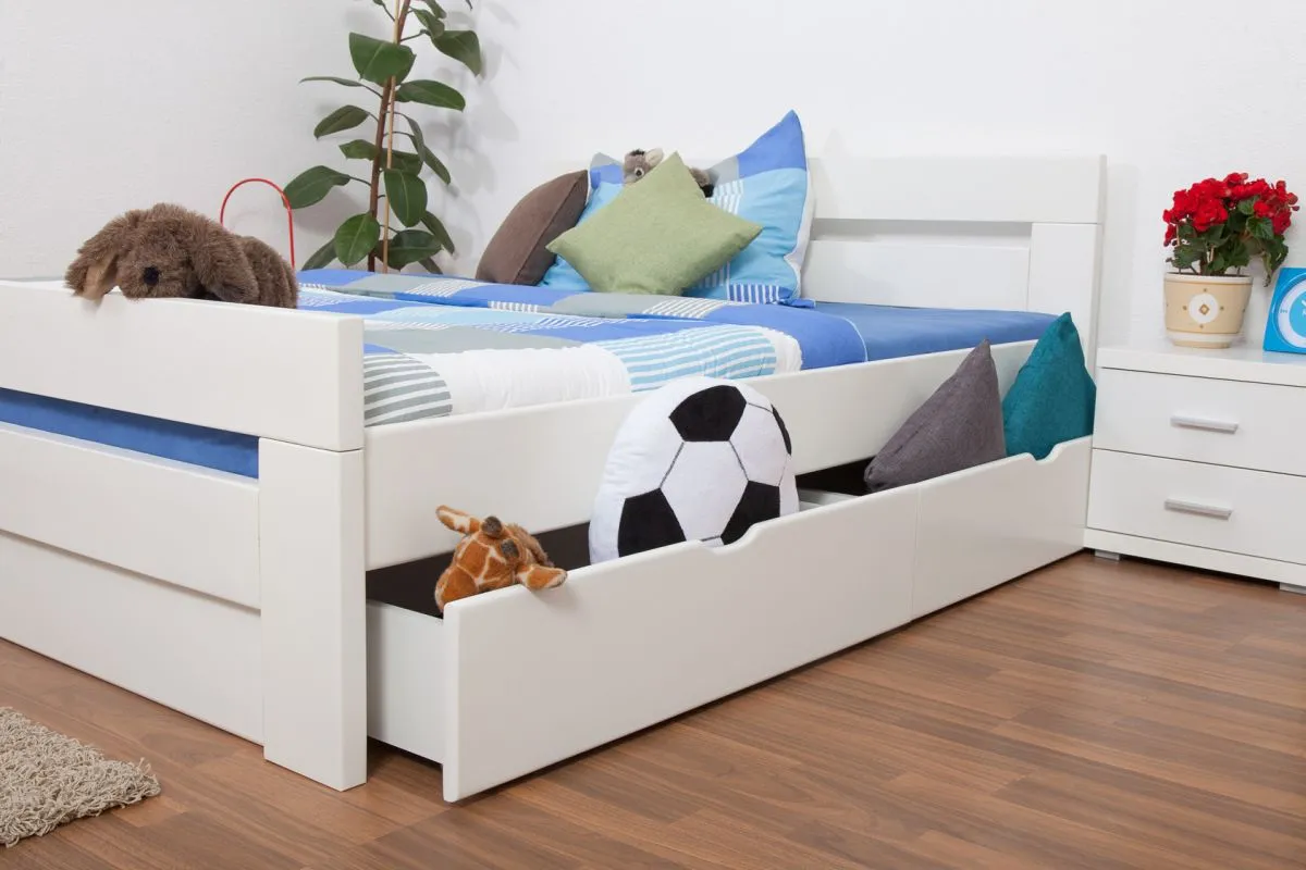 Doppelbett / Stauraumbett "Easy Premium Line" K6 inkl. 4 Schubladen und 2 Abdeckblenden 160 x 200 cm Buche Vollholz massiv weiß lackiert