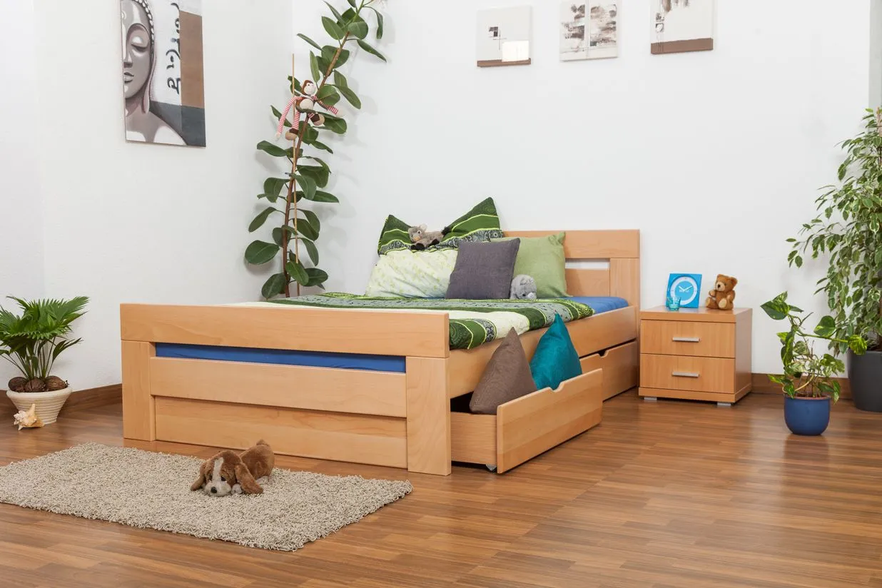 Einzelbett / Stauraumbett "Easy Premium Line" K6 inkl. 2 Schubladen und 1 Abdeckblende, 140 x 200 cm Buche Vollholz massiv Natur
