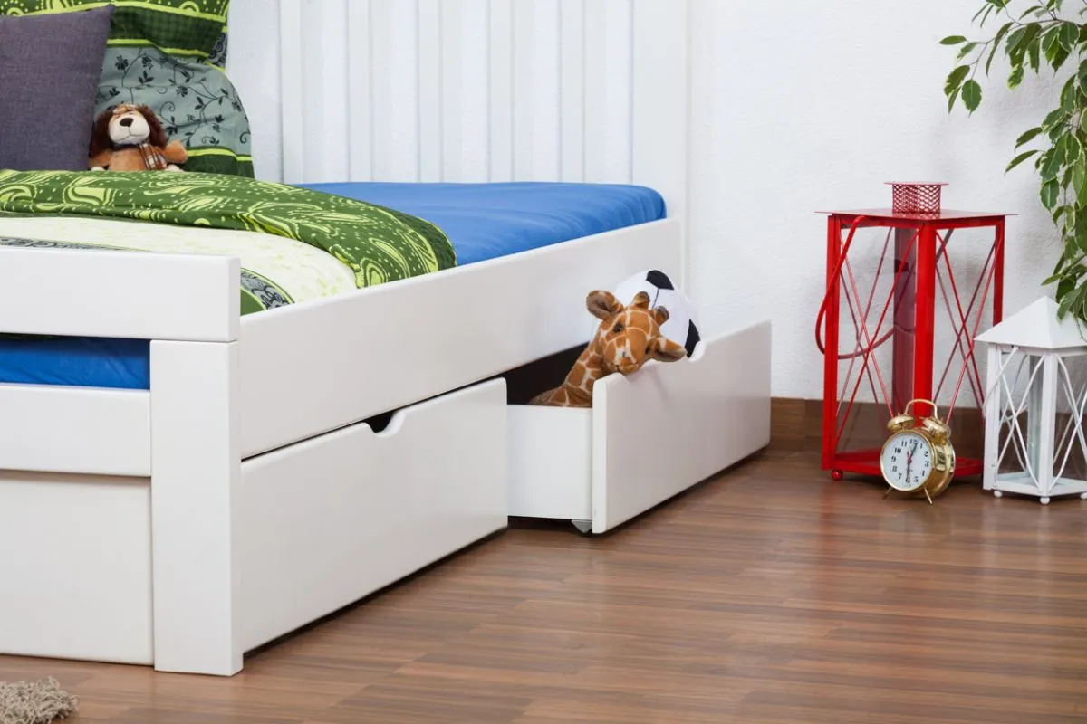 Doppelbett / Stauraumbett "Easy Premium Line" K8 inkl. 2 Schubladen und 1 Abdeckblende, 160 x 200 cm Buche Vollholz massiv weiß lackiert