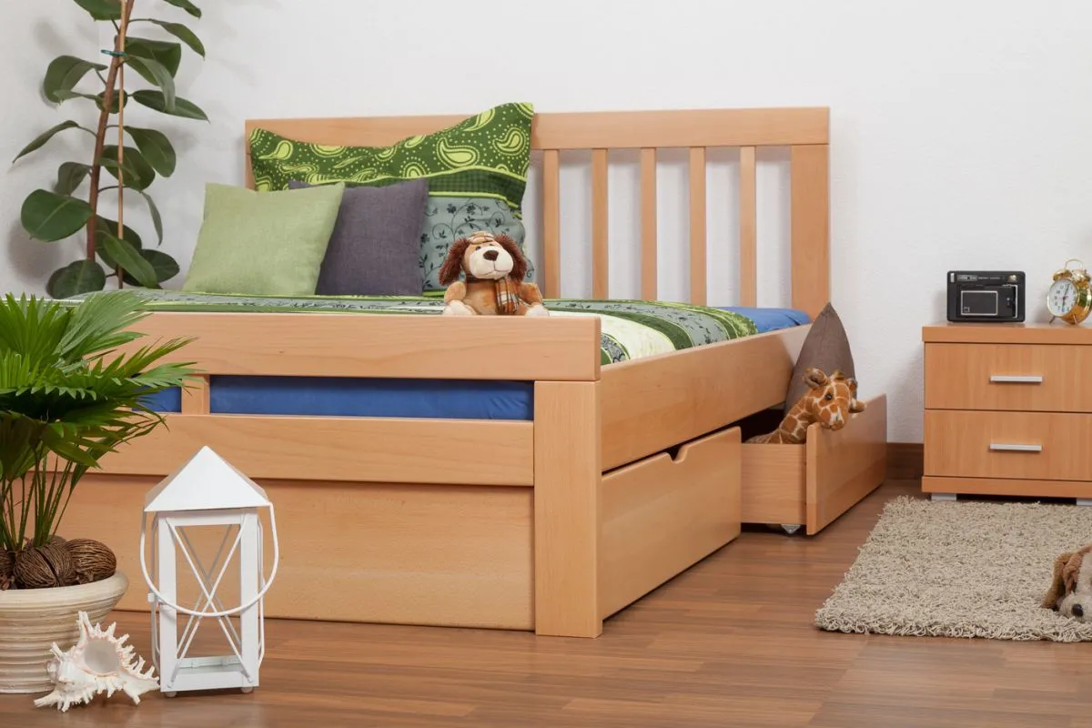 Doppelbett / Stauraumbett "Easy Premium Line" K8 inkl. 2 Schubladen und 1 Abdeckblende, 160 x 200 cm Buche Vollholz massiv Natur