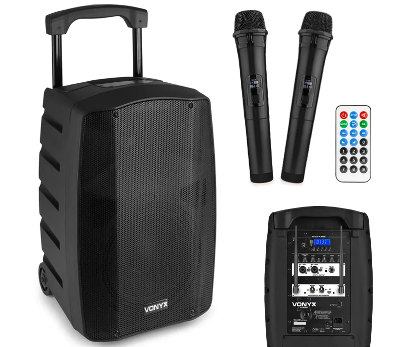 Mobile Musikanlage 10zoll 300W Verstärker mit Bluetooth USB-Player 2x Funkmikrofon Akku und AUX Eingang