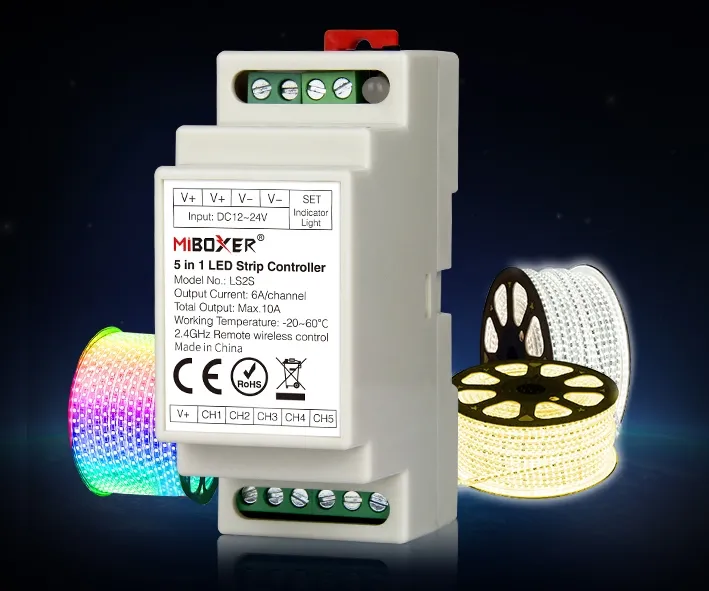 LED RGB-W Kontroller 5-Kanal 5x6A 12V-24V Hutschiene MiBoxer mit Funkempfänger